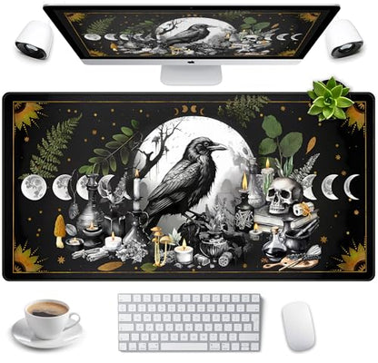 Cute Kawaii Raven Desk Mat XXL Large Extended Gaming Mouse Pad Nature Forest Gothic Mousepad with Stitched Edges, Anime Skull Laptop Keyboard and Mouse Mat Desk Pad for Work Game 31.5x15.7 in - color: Anime Black Crow