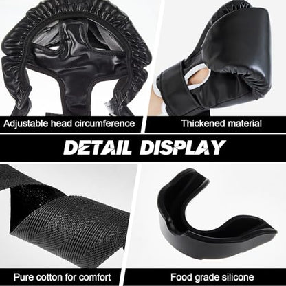 Kanayu 14 Pcs Boxing Gloves and Headgear Set for Beginners Youth 16 Ounce Boxing Gloves Headgear Helmet Hand Wraps Mouth Guards Equipment for Beginners Training Equipment Gifts - color: Black
