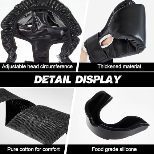 Kanayu 14 Pcs Boxing Gloves and Headgear Set for Beginners Youth 16 Ounce Boxing Gloves Headgear Helmet Hand Wraps Mouth Guards Equipment for Beginners Training Equipment Gifts - color: Black