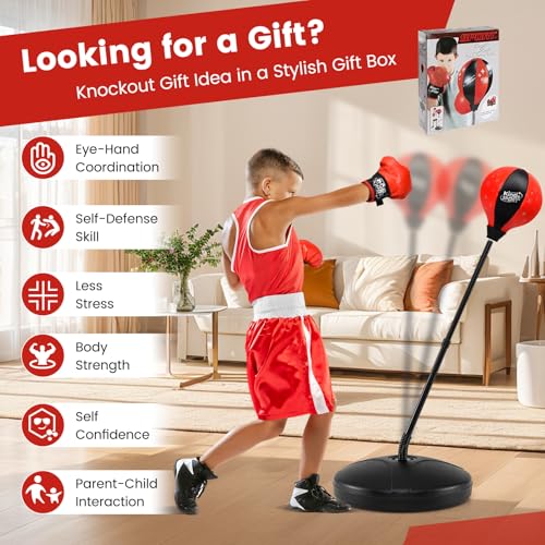 Goplus Punching Bag for Kids, Height Adjustable Reflex Bag with Boxing Gloves for Teens Children Ages 3 4 5 6 7 8+ Years Old Boys Girls, Inflatable Boxing Equipment for Christmas Birthday