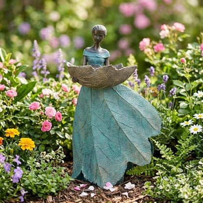 DiliComing Fairy Garden Statues Bird Feeder - 12 Inch Outdoor Fairy Statue - color: Green-12 inch