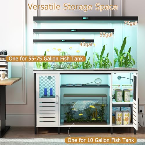 BREEZEHEAT 75 Gallon Fish Tank Stand with Power Outlet, LED Light, 1250lbs Capacity, 55-75 Gallon Heavy Duty Metal Aquarium Stand with Cabinet, Terrarium stand Suitable for Turtle & Reptile Tank, White
