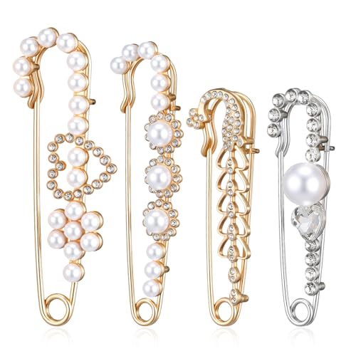 4 PCS Safety Pin Brooch, Faux Crystal Pearl Sweater Pin, Decorative Safety Pins for Clothing Dress Shirt Jeans Decoration