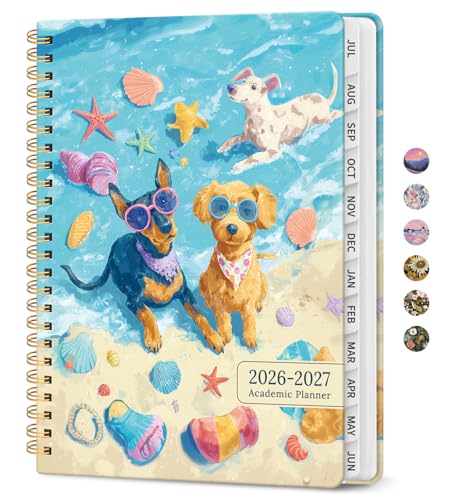 Planner 2026–2027, Academic Monthly Weekly Spiral Calendar, July 2026 – June 2027, Hardcover Agenda Notebook with Tabs, 6.3" x 8.5", Perfect for Students, Teachers, School & Daily Planning - Beach Pups - color: S-Beach Pups, size: (6.3"x8.5")a5