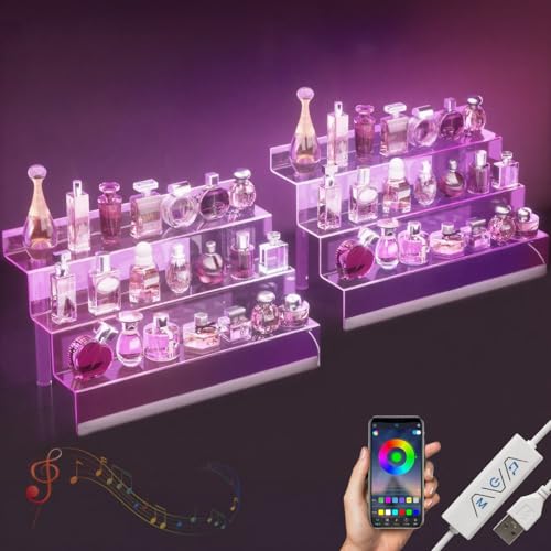 16" Acrylic Display Organizer with LED, Perfume Organizer for Women, 2 Pack | 3-Tier Cologne Organizer for Men, Perfume Stand and Display Step Shelves Holder, Clear Riser, Figures Stand, Dessert Shelf