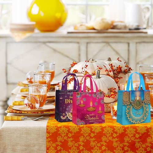Colodeol 16 Pcs Diwali Gift Bags, Happy Diwali Tote Bags with Handles Non-woven Treat Bags Bulk for Indian Light Festival Party Decoration Favor