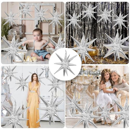 6 Pcs Silver Star Foil Balloons One-Piece 14-Pointed Star Balloon 4D Starburst Cone Mylar Balloon 22inch Christmas Birthday Wedding Wedding Anniversary Party Supplies (22&27 Inches Silver) - color: 22&27 Inches Silver