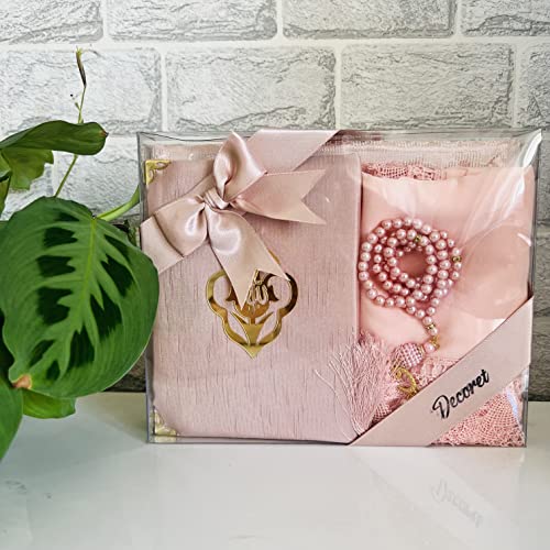 Decoret Muslim Prayer Rug, Yaseen Surah Pocket-Size Book & Prayer Beads, Perfect Islamic Gift I Mawlid Gift I Suitable for Women,Kids I Soft Islamic Rug | Islamic Ramadan Eid Gifts, (Pink) - color: Pink