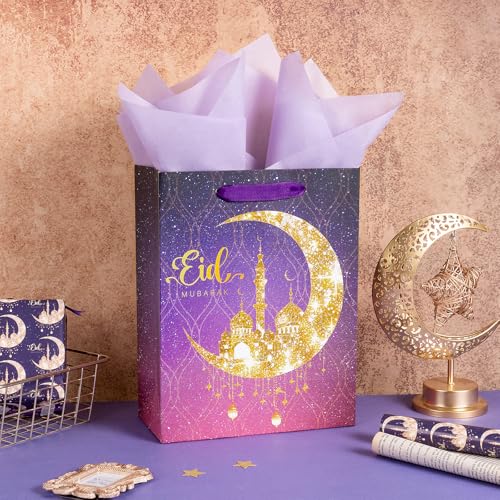 Loveinside Ramadan Gift Bag, Purple Gradient and Gold Crescent Moon Mosque Design, Eid Medium Size Gift Bag with Tissue Paper for Muslim Festival, Holiday, Wedding, 10" x 5" x 13", 1 Pcs - color: Ramadan