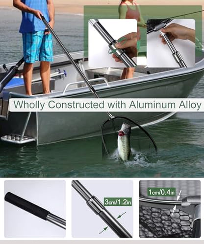 Large Fishing Net Saltwater Rubber Fishing Net Kayak Fishing Landing Net with Telescoping Handle Freshwater Fish Nets with Long Handle Extends 90-120inch