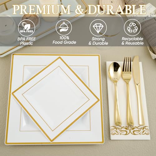 FOCUSLINE 175 Count Gold Dinnerware Set for 25 Guests - Square Plastic Plates with Gold Rim, Includes 25 Disposable Dinner & Dessert Plates, Napkins, Cups, Cutlery Set for Wedding Parties - color: Gold Rim Square Plates