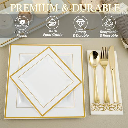 FOCUSLINE 175 Count Gold Dinnerware Set for 25 Guests - Square Plastic Plates with Gold Rim, Includes 25 Disposable Dinner & Dessert Plates, Napkins, Cups, Cutlery Set for Wedding Parties - color: Gold Rim Square Plates