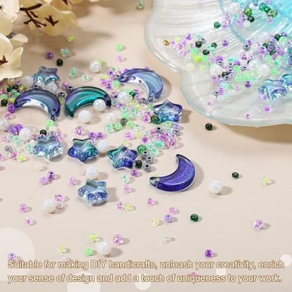 uxcell 110Pcs Star Moon Beads, Star Moon Acrylic Pearl Beads Crystal Glass Spacer Bead for DIY Making Jewelry Bracelets Craft, Green Purple - color: Green Purple