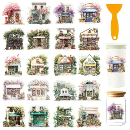 32 Pcs Cozy Tree Shop UV DTF Cup Wraps for 16OZ Glass, 4.3 x 9.4 Inch Cozy House UV DTF Transfer Stickers Waterproof Rub on Transfer Decals for Glass Bottle Vase Furniture Crafts - style: Cozy Tree Shop
