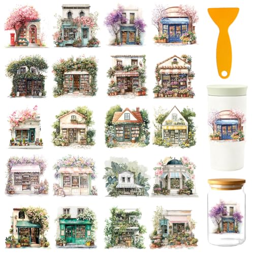 32 Pcs Cozy Tree Shop UV DTF Cup Wraps for 16OZ Glass, 4.3 x 9.4 Inch Cozy House UV DTF Transfer Stickers Waterproof Rub on Transfer Decals for Glass Bottle Vase Furniture Crafts - style: Cozy Tree Shop