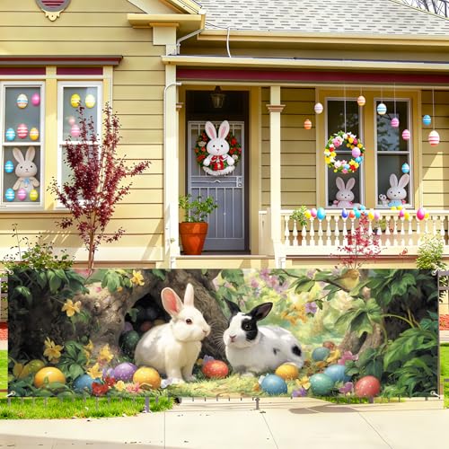 Happy Easter Bunny Fence Banner 118 x 35 Inch, Large Waterproof Outdoor Easter Banner with Cute Rabbits & Colorful Eggs for Yard Porch Fence Spring Party Decorations - color: 223-1