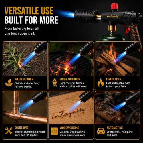 inZaynity® Propane Torch Gun for Grill & BBQ - High Power Handheld Blow Torch with Adjustable Flame & Safety Lock - Portable Fire Starter for Cooking, Searing,Charcoal & Outdoor Use(Tank Not Included)