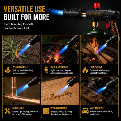 inZaynity® Propane Torch Gun for Grill & BBQ - High Power Handheld Blow Torch with Adjustable Flame & Safety Lock - Portable Fire Starter for Cooking, Searing,Charcoal & Outdoor Use(Tank Not Included)