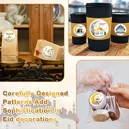 Nezyo 600 Pieces Ramadan Mubarak Stickers Eid Islamic Kareem Wall Window Stickers Ramadan Envelopes Gift Bags Labels for Eid Party Decorations(Cartoon Style) - style: Cartoon Style