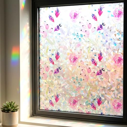 3D Rainbow Floral Stained Glass Window Film Privacy Anti UV 17.5x78.7in | Sun Control Light Softening Heat Blocking No Glue Clean Removal Reusable Cover Decor Decal Tint Living Room Balcony - color: G007, size: 17.7 X 78.7 Inches