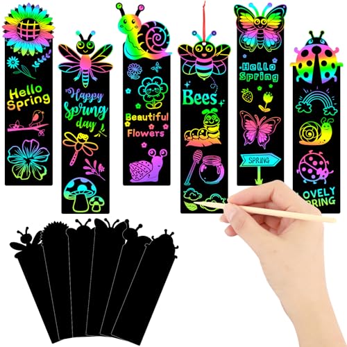 JUNEBRUSHS Spring Scratch Bookmarks, 30PCS Crafts for Kids DIY Rainbow Scratch Art, Spring Activities for Kids Art Project with 6 Designs, 30 Strings and 12 Sticks - style: Spring Style
