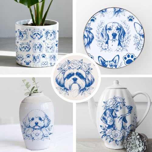 SUPERDANT 5PCS Dogs Underglaze Paper Transfer Floral Dog Transfer Papers for Clay Ceramic Porcelain Under Glaze Transfers for Pottery Enamel Decals Blue Decal Handcrafted Gifts - style: Flower with dog