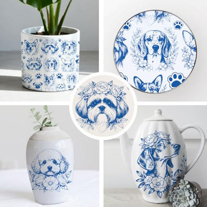 SUPERDANT 5PCS Dogs Underglaze Paper Transfer Floral Dog Transfer Papers for Clay Ceramic Porcelain Under Glaze Transfers for Pottery Enamel Decals Blue Decal Handcrafted Gifts - style: Flower with dog