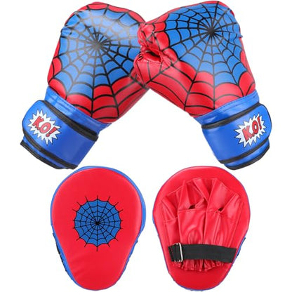 Boxing Gloves and Punching Mitts Set 4oz Gloves Boxing Pads Kids Youth Sparring Gear Training Equipment for Taekwondo Kick Karate Muay Thai MMA Martial Art - style: Red Spider