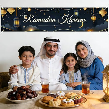 BlissYard Ramadan Kareem Banner 78 x 17 Inch Islamic Holiday Wall Backdrop Moon Star Design for Eid Mubarak Home Porch Fence Party Decor Spiritual Celebration