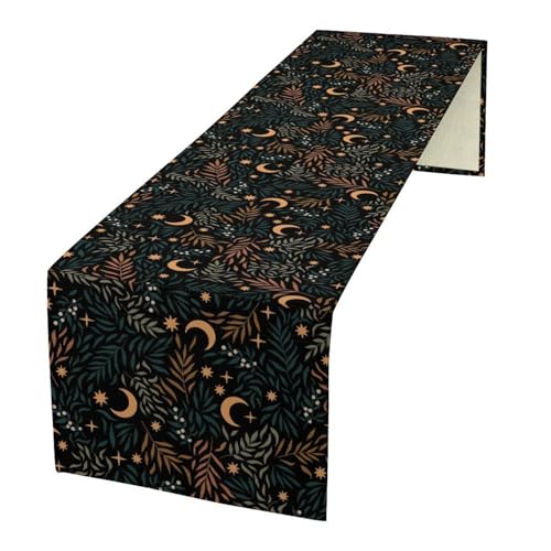 Moon Boho Leaves Table Runner,Rustic Vintage Moon Phase Stars Pattern Home Kitchen Table Decoration for Holiday Party Study Living Bedroom Dresser Cabin Cafe Wedding Decor 13×36in