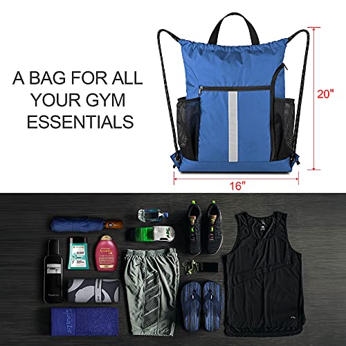 BeeGreen Royal Blue String Backpack Bag Cinch Sack with Shoe Compartment and Two Side Mesh Pockets Lightweight Sturdy Drawstring Gym Sackpack 1 Pack for Unisex - color: Royalblue D, style: Drawstring With Shoe Compartment