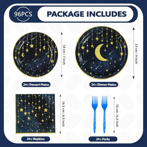 Grencian Gold Star Moon Party Supplies - 96Pcs Moon and Stars Party Supplies Plates and Napkins Navy Blue Celestial Hanging Crescent Disposable Tableware for Celestial Birthday Decorations Serve 24 - style: Navy Blue Stars Moon Sets