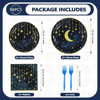Grencian Gold Star Moon Party Supplies - 96Pcs Moon and Stars Party Supplies Plates and Napkins Navy Blue Celestial Hanging Crescent Disposable Tableware for Celestial Birthday Decorations Serve 24 - style: Navy Blue Stars Moon Sets