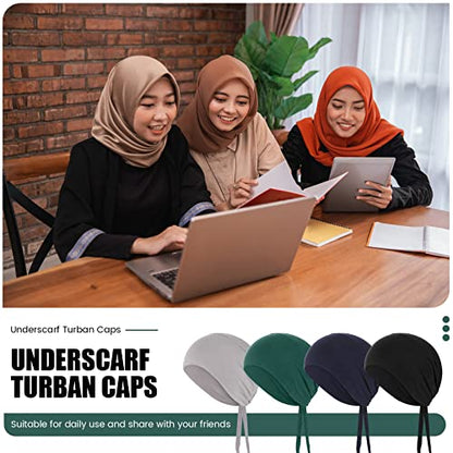 4 Pieces Women Under Scarf Hat Hijab Cap Islamic Muslim Under Scarf Turban Beanie Cap - color: Navy,green, size: One Size