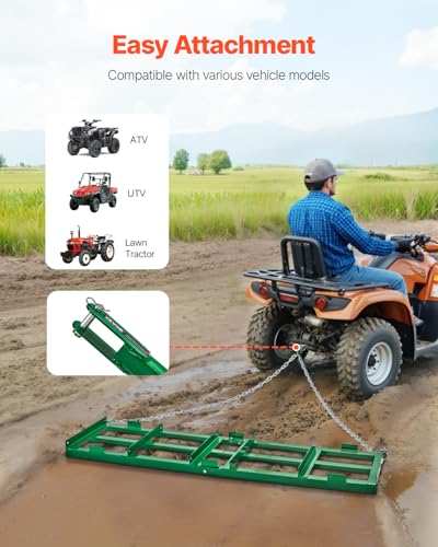 VEVOR Drag Harrow, 6 ft Heavy Duty Tow Behind Drag Harrow with Adjustable Bars & 72 in Chain, Driveway Grader Landscape Rake for ATV, UTV, Tractor, Mower Tow Behind Yard Lawn Leveling Tool - size: 6 FT- Green