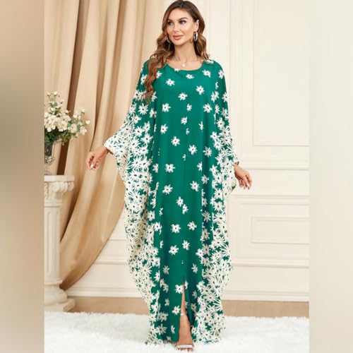 Embroidered Abaya Kaftans for Women Modern Elegant Dubai Moroccan Dubai Kaftan Dresses Abaya for Women Muslim Dress - color: Green-dandelion