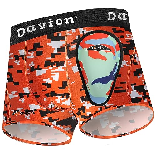 Davion Youth Boys Baseball Cup Underwear with Soft Protective Athletic Cup Compression Shorts for Football, Lacrosse - color: Orange Camo, size: Small