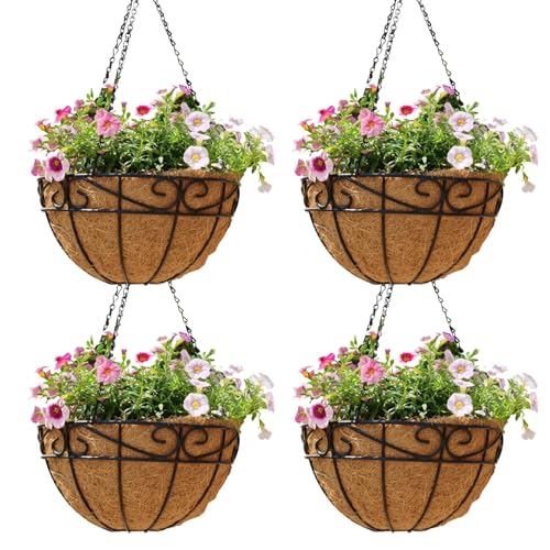 4 Pack 12 Inch Hanging Baskets for Plants Outdoor Metal Hanging Planter Hanging Flower Baskets with Coco Fiber Liners Chain Round Wire Plant Holder Flower Pots(Plaid) - size: 12 Inch, style: Plaid