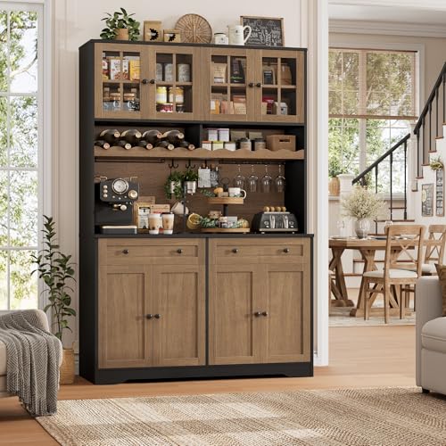 HOSTACK 75" Kitchen Pantry Storage Cabinet, Coffee Bar Hutch Cabinet, Brown | Tall Pantry Cabinet with Charging Station / Wide Countertop / Glass Doors / Wine Rack / Cup Holder / Drawers, Dining Room - color: Black/Brown