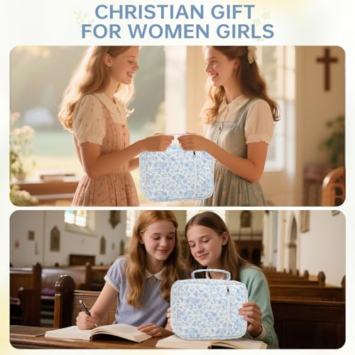 Bible Cover Case for Women Large Bible Cover with Durable Handle Quilted Bible Carrying Case for Girls Bible Study Supplies Accessories (Blue Flower, Blue Flower) - color: Blue Flower