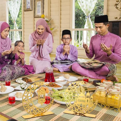 2 Pieces Acrylic Ramadan Decorations Islamic Eid Mubarak Kareem Table Sign Moon Hollow Star Ornament for Muslim Party Tabletop Decor Home Art Craft Decoration Golden Moon - style: House