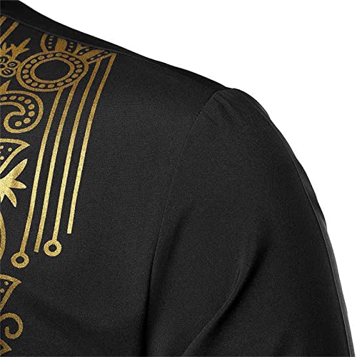Kurta for Men Muslim Kaftan Button Up Henley Shirts Casual Ethnic Printed Long Sleeve Thobe Caftans Robes - color: Black, size: XX-Large