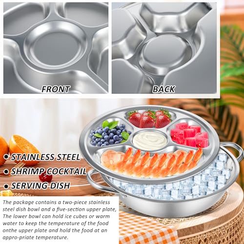2 Set Shrimp Cocktail Serving Dish 11 Inch Stainless Steel Dip Chiller Serving Bowl, 2 5-Section Chilled Food Trays 2 Round Plate with Handle for Dinner Buffet Seafood Oysters Crawfish Veggie Fruit