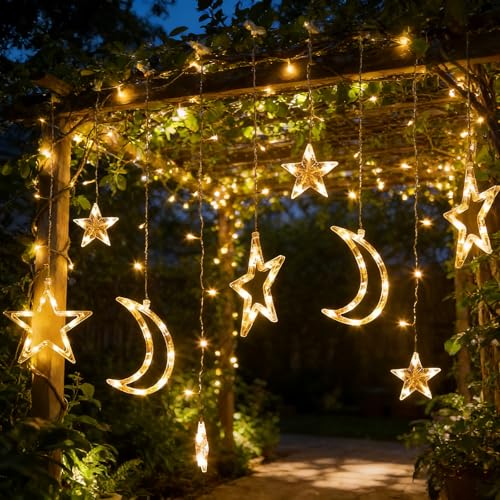 138 LED Star Moon Lights, Twinkle Christmas Curtain String Lights with 8 Modes, Battery Operated Fairy Star Moon with Hooks, Hanging Decor for Ramadan, Bedroom, Wedding, Warm White - size: 138 LED