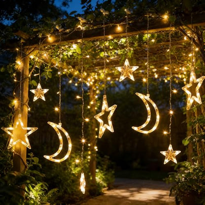 138 LED Star Moon Lights, Twinkle Christmas Curtain String Lights with 8 Modes, Battery Operated Fairy Star Moon with Hooks, Hanging Decor for Ramadan, Bedroom, Wedding, Warm White - size: 138 LED