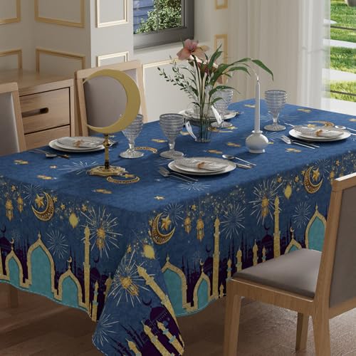 XCHI Green Castle Golden Lantern Stars and Moons Ramadan Mubarak Tablecloth Rectangle Table Cloth Table Covers for Indoor Dining Home Party Decorations 60x84 Inch - size: 84" x 60" (Rectangular)
