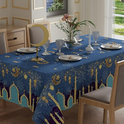 XCHI Green Castle Golden Lantern Stars and Moons Ramadan Mubarak Tablecloth Rectangle Table Cloth Table Covers for Indoor Dining Home Party Decorations 60x104 Inch - size: 104" x 60" (Rectangular)