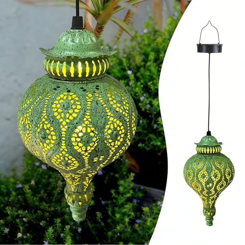 Moroccan Solar Lanterns Outdoor Waterproof Green Hanging Lanterns Outdoor Ramadan Garden Decor Gardening Gifts for Women Mom Grandma Solar Lights for Patio, Pathway, Yard, Porch, Backyard. - style: Green Moroccan