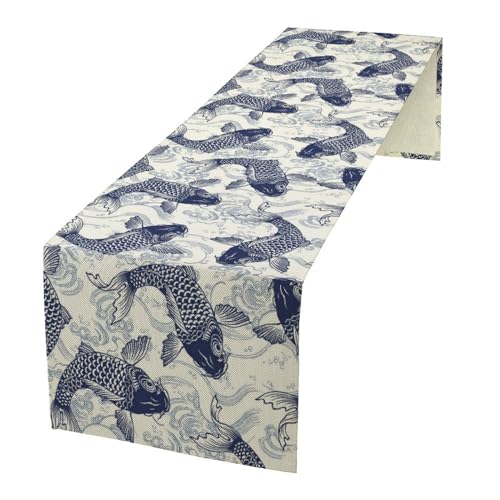 Japanese Fish Table Runner, Traditional Oriental Asian Sea Wave Carp Koi Fish Animals Culture Table Runner for Dining Table Seasonal Home Party Kitchen Decor, 13x36inch - color: Asian-19, size: W13"x L36"