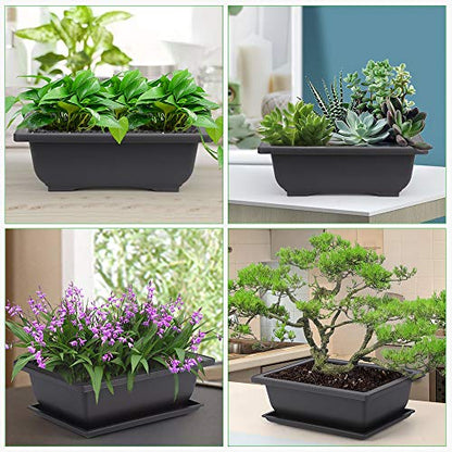 GROWNEER 6 Pack 9 Inch Bonsai Pots with Drainage Humidity Trays, Bonsai Tree Training Pot with 1 Repotting Mat, Rectangle Planter Plants Container Succulent Growing Pot for Garden Outside Indoor - size: 6pcs/9x6.6in